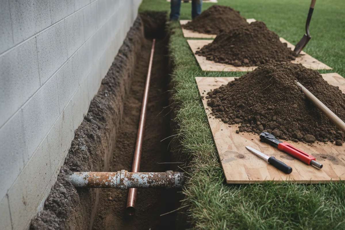 Excavated water line trench during Sewer Line Repair in University Park